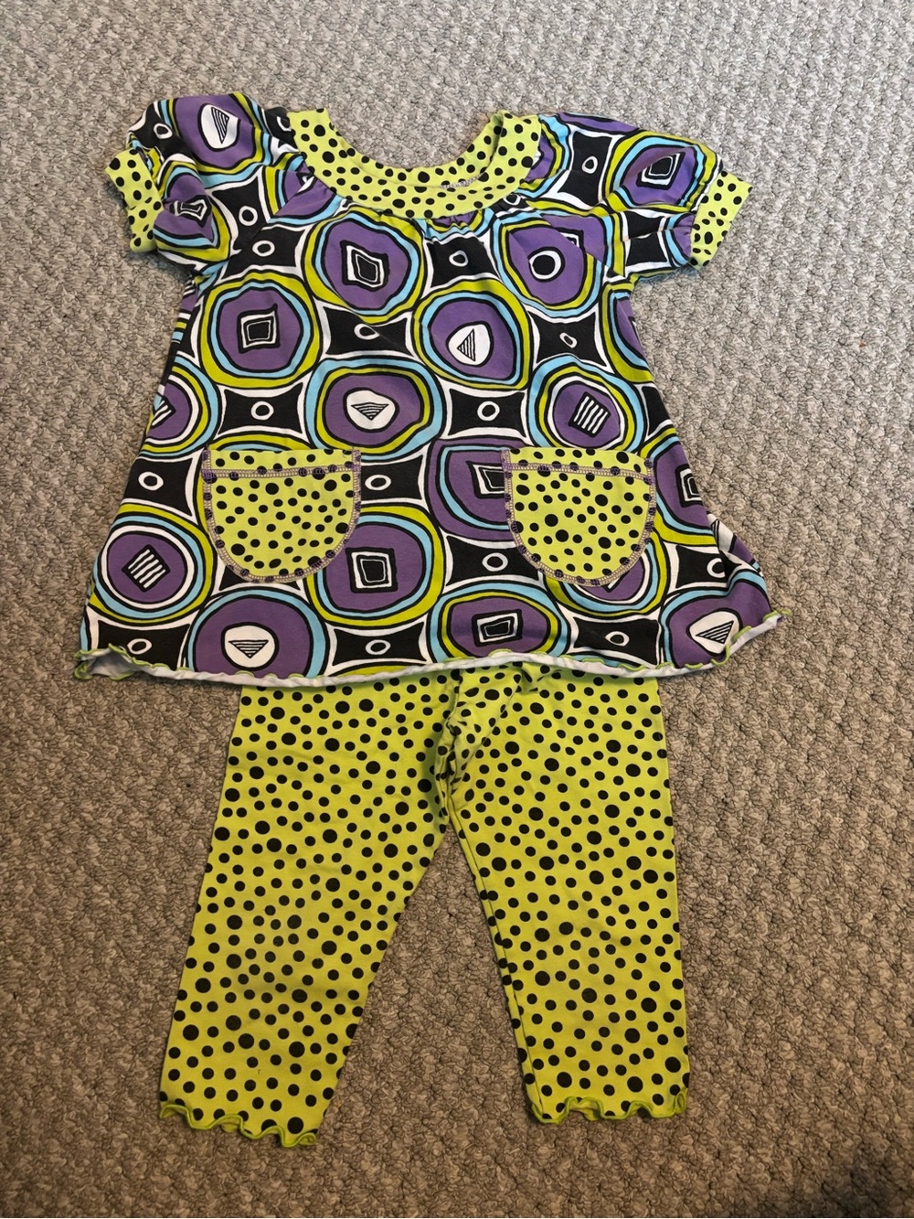 Mi Girls Lime Green, Purple & Black Polka Dot Tunic Set